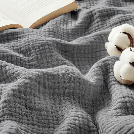 Bedsure 100% Cotton Muslin Throw Blanket Large 50x70 Inches - 4-Layer Breathable and Lightweight Thin Soft Summer Gauze Muslin Blankets for Adults, Grey, Boho Cotton Throw for Couch