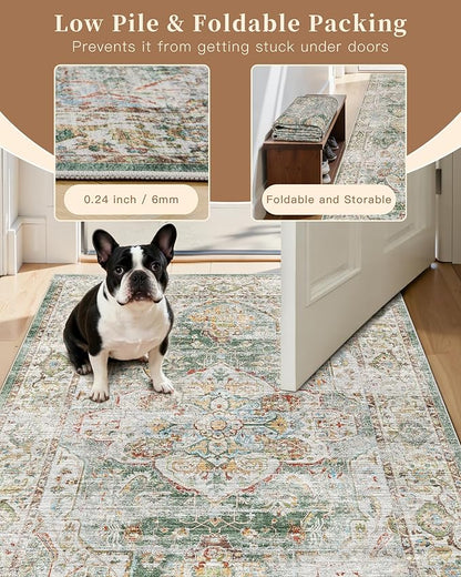 Madane Hallway Runner Rug 2x12, Extra Long Washable Runner Rugs with Rubber Backing, Non Slip Carpet Runner for Hallway, Vintage Rug Runners for Kitchen Laundry Room Entryway (Green, 2'x12')