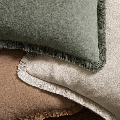 MIULEE Decorative Throw Pillow Covers Neutral Linen Fringe Throw Pillows Euro Shams Set of 2 Light Olive Green Boho Farmhouse Cushions for Couch Sofa Bed Living Room Spring Home Decor 22x22 Inch
