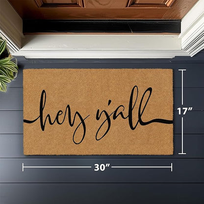 Barnyard Designs Natural Coco Coir Heavy Duty Backing Doormat - Large Cute Non-Slip Front Door Welcome Mat for Outside Entrance or Porch Entry, Brown (17x 30, Y'all)