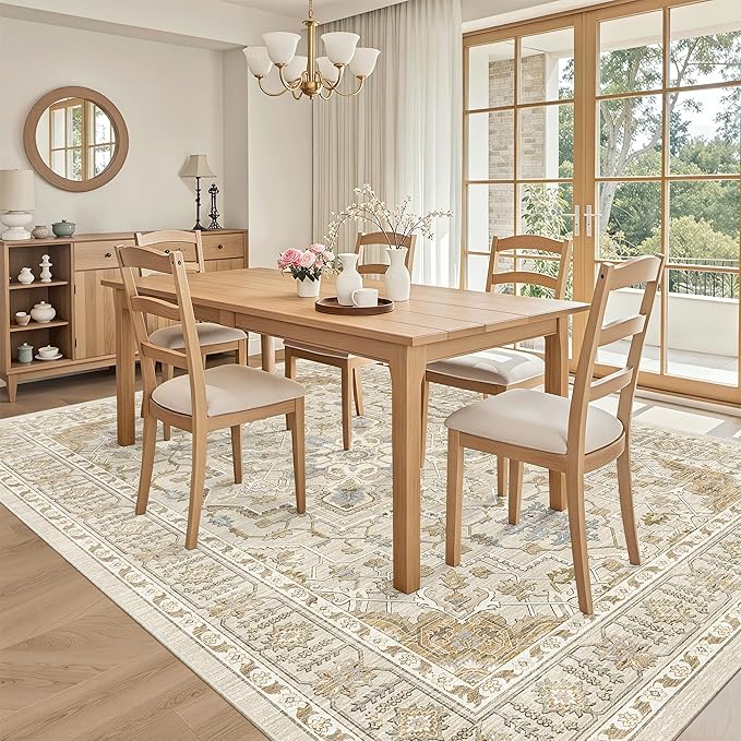 Madane 6x9 Area Rugs for Living Room, Stain Resistant Washable Rugs, Non-Slip Backing Area Rug, Vintage Home Decor Rug for Bedroom (Beige/Blue, 6'x9')