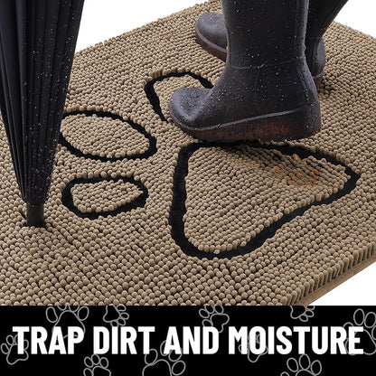 Smiry Dog Door Mat for Muddy Paws, Absorbent Dirt Trapper Non Slip Quick Dry Washable Chenille Mat for Mud Dogs, Entry Rug for Indoor and Outdoor (40x32 Inches, Camel and Black)