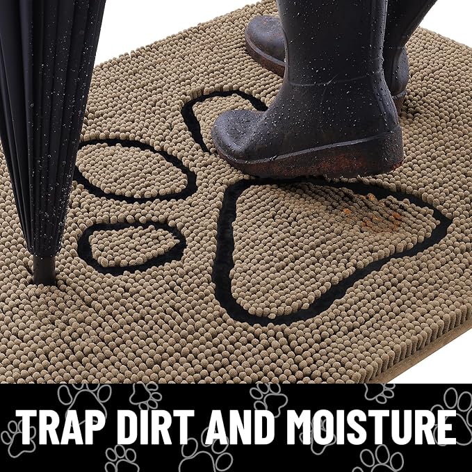 Smiry Dog Door Mat for Muddy Paws, Absorbent Dirt Trapper Non Slip Quick Dry Washable Chenille Mat for Mud Dogs, Entry Rug for Indoor and Outdoor (47x32 Inches, Camel and Black)