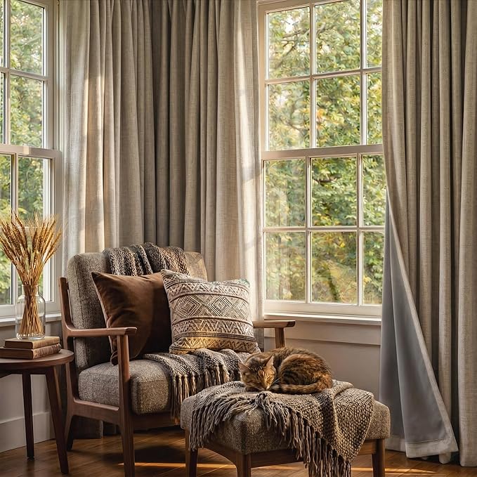 RYB HOME 100% Blackout Linen Textured Curtains for Bedroom, Farmhouse Thermal Insulated Window Curtains for Living Room Dining Patio Sliding Glass Door, Wide 52 x Long 102 inch, Burlap, 2 Panels