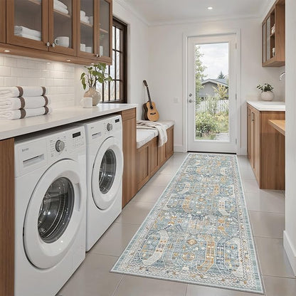 Madane Washable Runner Rug - 2x6 Rug Runners for Hallways 6 Feet Non Slip Vintage Kitchen Runner Rug Ultra-Thin Bathroom Runner Rugs Carpet Laundry Room Bedroom (2x6ft, Blue/Gold)