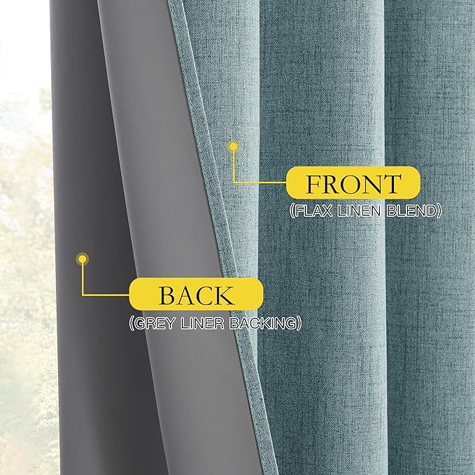 NICETOWN 100% Absolutely Blackout Linen Curtains with Thermal Insulated Liner, Skylark Blue, 62" Wide, 108" Length Energy Saving Curtains for Living Room 2 Panels Set, Vertical Blinds