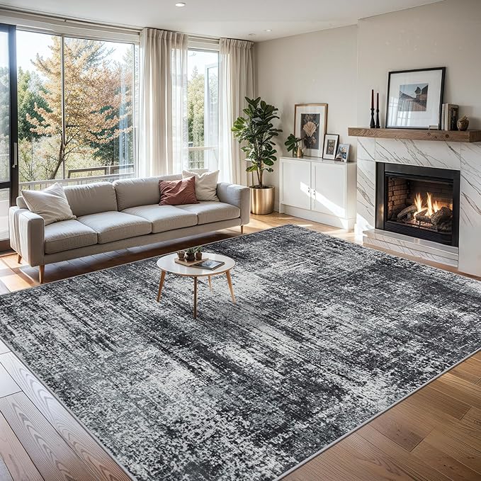 Area Rugs 10x12 Living Room - Washable Rug Modern Abstract Soft Large Neutral Non-Slip Carpet Indoor Floor Thin Carpets for Bedroom Dining Room Farmhouse Nursery Home Office Dark Black