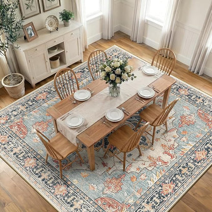 Area Rugs Square 10ft Washable Non-Slip, Floral Vintage Distress Print Pattern Medallion Carpet for Living Room Bedroom Dining Room, Beige Navy Blue Orange Colorful