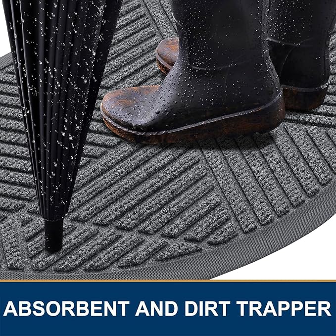 Smiry Half Circle Front Door Mat Outside Entrance, Heavy Duty Sturdy Natural Rubber Doormat, Trap Dirt and Moisture, Low Profile Mats for Indoor Outdoor Entry, Irregular Triangle (47x32, Grey)