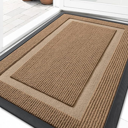 OLANLY Front Door Mat Indoor Outdoor Entrance, Waterproof All-Season, All-Weather Doormat, Sturdy Natural Rubber, Fade Resistant, Low Profile, Easy Clean Patio Porch Entryway Mat, 33x21, Light Brown