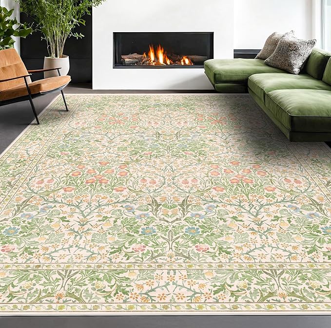 Light Green Bedroom Rug, 7x10 Washable Area Rug Non-Slip for Living Room, Nursery, Kids Room, Dining Room, Vintage Beige Botanical Low Pile Soft Carpet Fade Resistance