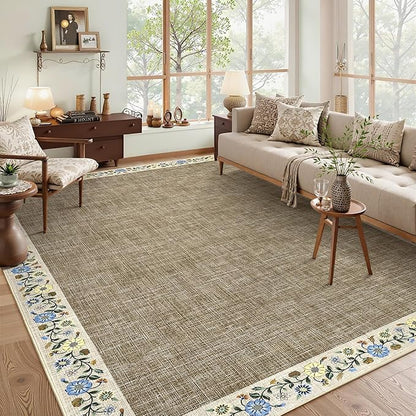 GarveeHome 10x13 Machine Washable Rugs for Living Room Large Area Rug Modern Floral Indoor Accent Carpet Low Pile Carpet Soft Throw Aesthetic Floor Cover for Bedroom Laundry Dining Room, Dark Camel