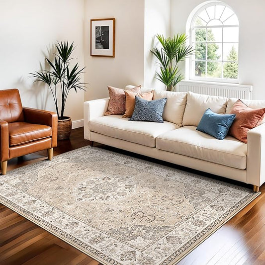 Living Room 4x6 Area Rugs: Vintage Farmhouse Washable Non-Slip Rug for Bedroom Dining Room Ultra Thin Soft Carpet for Nursery Kitchen Durable Low-Pile Neutral Floor Mat for Pet Owners(4x6 Beige)
