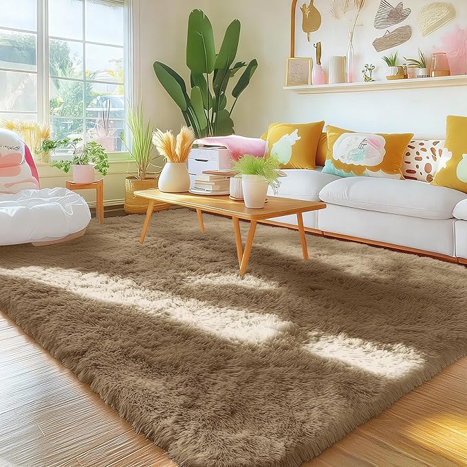 OLANLY Area Rugs for Living Room Bedroom, Machine Washable 4x5.9 ft Soft Fluffy Shaggy Bedside Rug, Indoor Floor Carpet for Kids Girls and Boys, Dorms, Nursery Rooms, Home Decor Aesthetic, Taupe