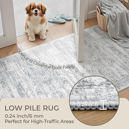 6x9 Rug for Living Room,Soft Low Pile Indoor Washable Rugs for Bedroom, Non-Slip Backing Vintage Large Area Rug, Printed Abstract Carpet(6'x9', Grey/Ivory)