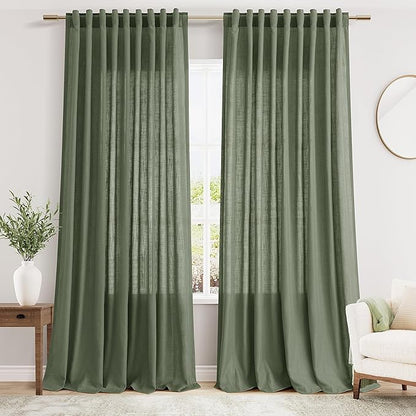 Nanspring 70 Inches Wide Olive Green Linen Curtains for Living Room 2 Panels Set 96 Inch Length Back Tab Light Filtering and Breathability Semi Sheer Curtain for Bedroom 70x96