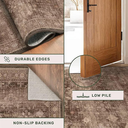 Hazo Haus Brown Rug for Living Room 10x14 - Extra Large Vintage Western Unique Neutral Taupe, Washable Low Pile Non-Slip Soft Thin Area Rug for Dining Under Table, Bedroom Under Bed, Home Office