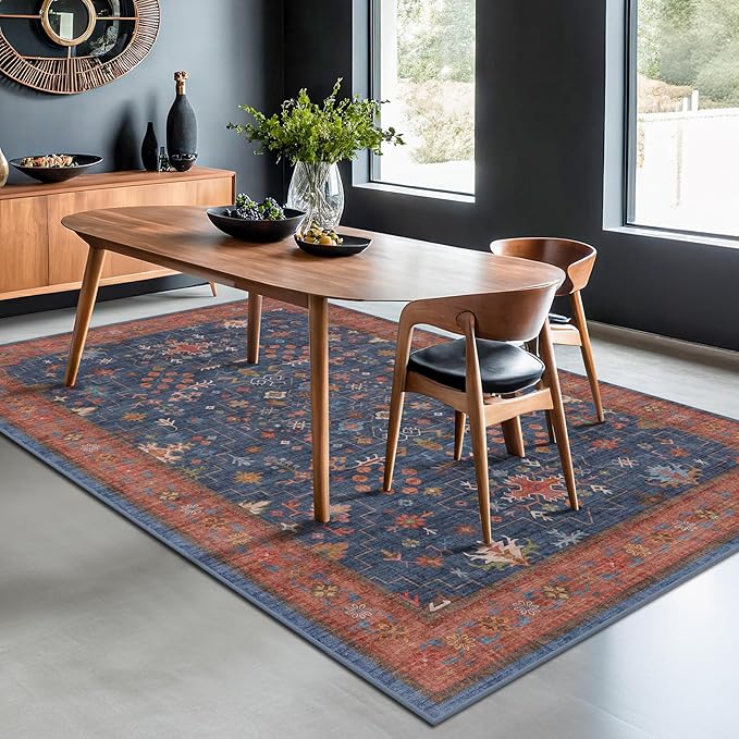 Hazo Haus Washable Navy Blue Living Room Rug, 7x10 Area Rug for Bedroom, Dining Table Rugs - Low Pile Non-Slip Rubber Backing Stain Resistant Rug - Aethestic Boho Home Decor