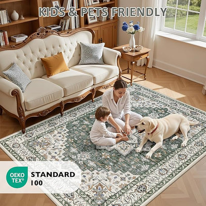5x7 Area Rugs Living Room Rug: Washable Vintage Boho Medallion Rug No Slip Stain Resistant Soft Carpet Indoor Large Carpets for Bedroom Dining Room Farmhouse Nursery Hallway Home Office Green Ivory