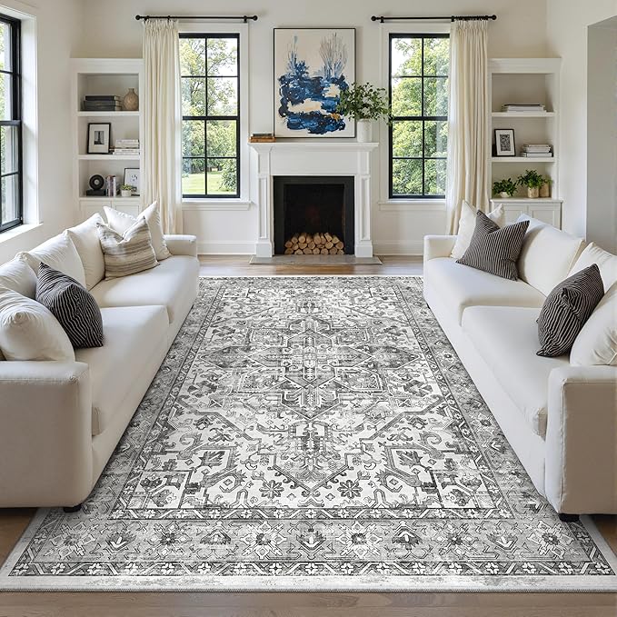 zesthome 8x10 Area Rugs for Living Room,Non-Slip Backing Washable Rugs,Vintage Large Area Rug，Stain Resistant Home Decor Rug (Grey/White,8'x10')