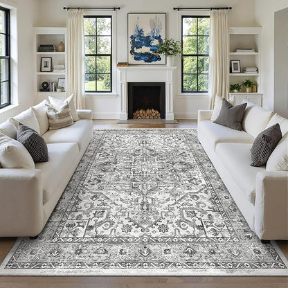 zesthome 8x10 Area Rugs for Living Room,Non-Slip Backing Washable Rugs,Vintage Large Area Rug，Stain Resistant Home Decor Rug (Grey/White,8'x10')
