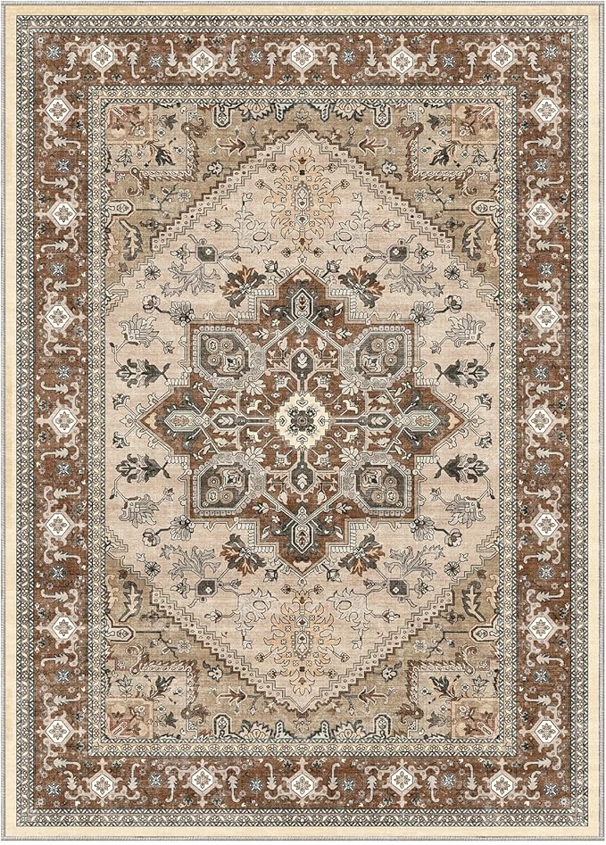 OPPODREAM Soft Area Rugs 5x7, 5x7 Washable Rug with Non Slip Backing, 5 x 7 Faux Cashmere Low-Pile Carpet, Brown