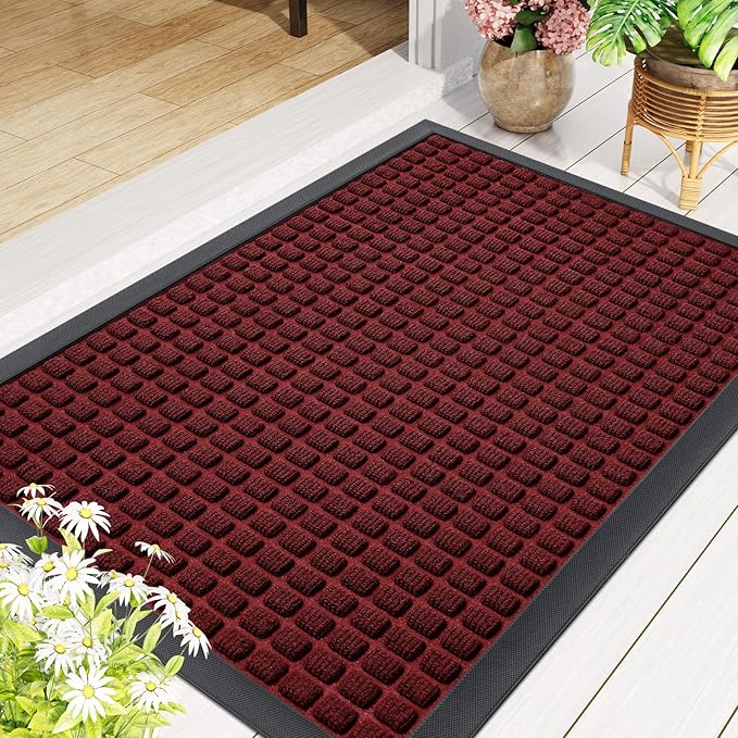 Smiry Front Door Mat Outside Entrance, Heavy Duty Natural Rubber Doormat, Non Slip, Trap Dirt and Moisture, Easy Clean, Low Profile Welcome Floor Mats for Indoor Outdoor Entry, 47x32 Inch, Red