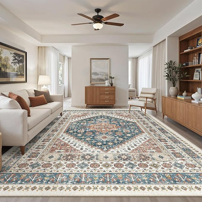 Madane Washable Rug 8x10 Area Rugs for Living Room, Ultra-Thin Non-Slip Backing Rug, Stain Resistant Vintage Large Area Rug for Bedroom (Navy Blue, 8'x10')