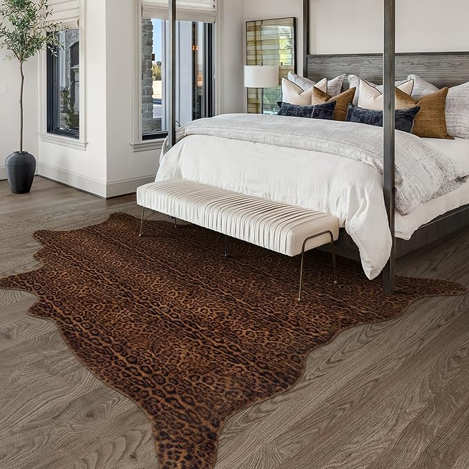 Faux Antelope Cheetah Print Rug, Leopard Rug 6.2x8.2 Faux Animal Print Skin Cheetah Area Rug for Bedroom Living Room Animal Fur Hide Rustic Dark Brown