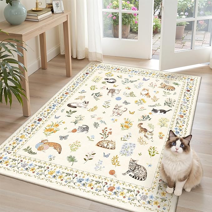 Cat 3x5 Area Rugs for Entryway, Machine Washable Animal Floral Accent Rug Non-Slip Low Pile Soft Throw Rugs for Kitchen Bedside Living Room Bedroom Kids Room (3 x 5,Beige)