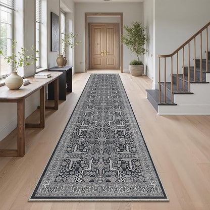 Hallway Washable Runner Rug 2x12 - Non Slip Vintage Kitchen Runner Rugs for Entryway Low-Pile Waterproof Long Runners for Living Room Bedroom Medallion Indoor Floor Mat for Bathroom Laundry Black