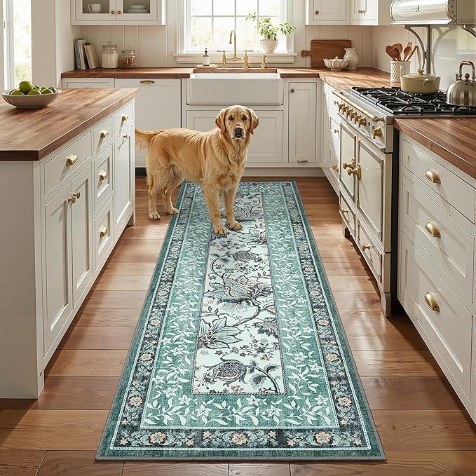 GarveeHome Teal Washable 6x9 Area Rugs, Botanical Grove Vintage Cottagecore Non-Slip Rug for Living Room Bedroom Nursery Kitchen Low-Pile Retro Large Carpet