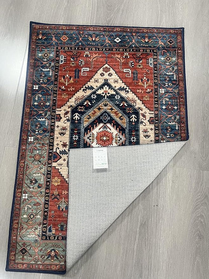 SERISSA 2x4 Boho Rugs for Entryway, Washable Non-Slip Kitchen Runner Rug, Ultra Soft Small Area Rug Vintage Rust Low-Pile Door Mat Indoor Entrance Carpet for Bedroom Hallway Laundry Room Bathroom