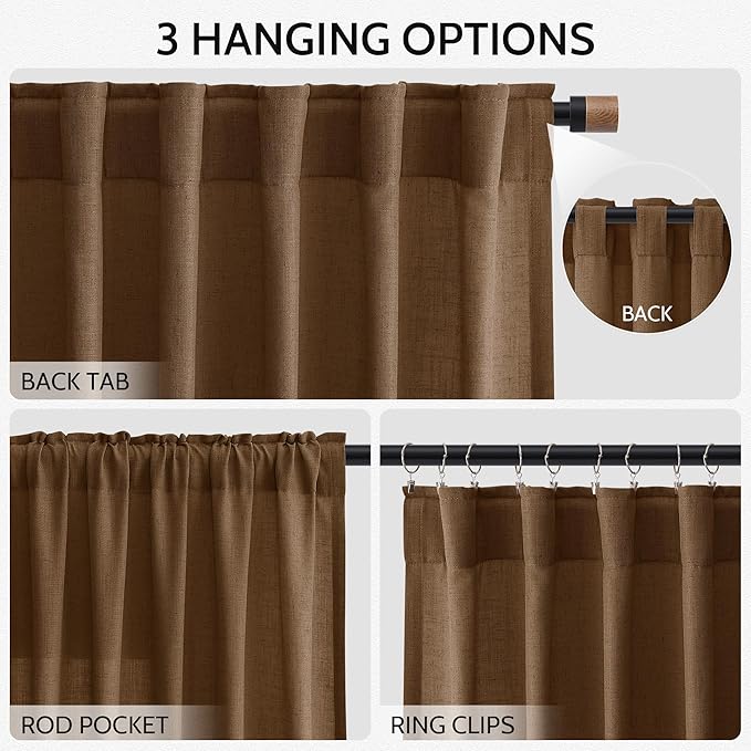 Tobacco Brown Linen Curtains 120 Inch Extra Long for Living Room Back Tab Light Filtering Semi Sheer Drapes Modern Farmhouse Decor Curtain for Floor to Ceiling High Window 52x120,2 Panels
