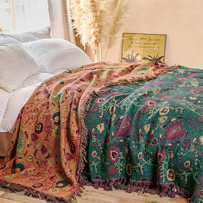 MSGKV Boho Throw Blanket for Couch and Sofa Cotton Blankets for Living Room Bedroom Reversable Florals Throw 60"x80" Spring Breathable Cozy Blankets