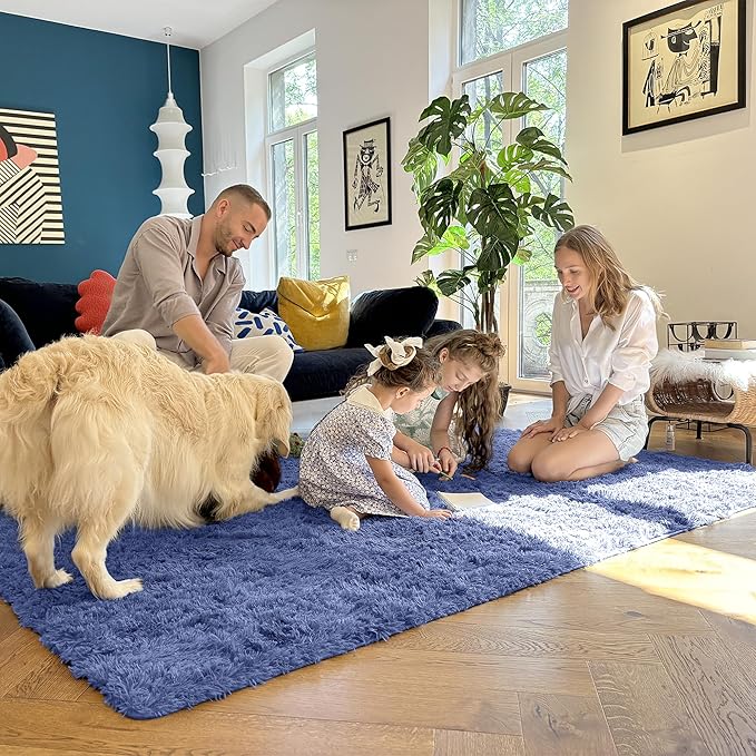 OLANLY 2x6 Machine Washable Runner Rugs for Hallway, Soft Fluffy Shaggy Bedside Rugs for Bedroom, Living Room, Indoor Floor Carpet for Kids Girls and Boys, Home Decor Aesthetic, Denim Blue
