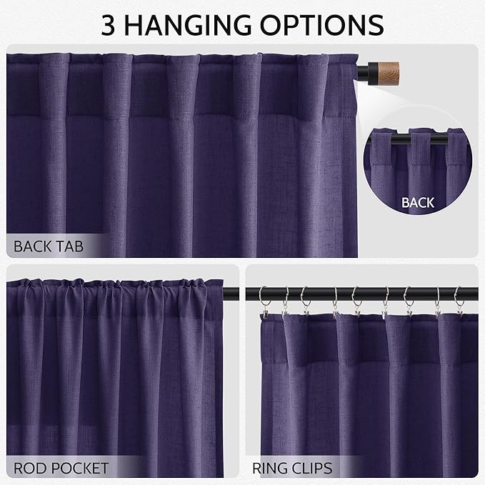 Extra Long Curtain Purple Morden Linen Blend Light Filtering Back Tab Curtains for Long Winodws 120 Inches Length, Semi Sheer Privacy Drapes for Living Room, 52x120 inch, 2 Panels