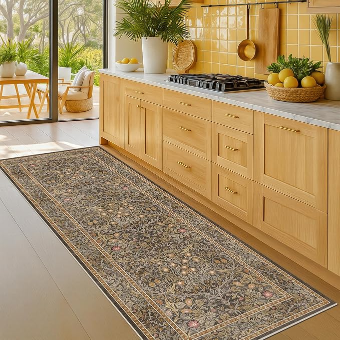 Washable Runner Rug Non Slip 2x6, Gold Brown Runner Rug for Kitchen, Bathroom, Entryway, Hallway, Laundry Room, Bedroom Bedside, Vintage Floral Stain Resistant Soft Low Pile Carpet