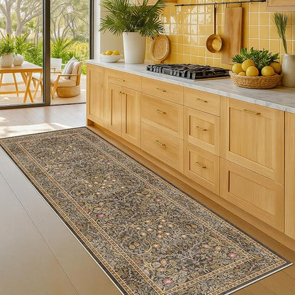 Washable Runner Rug Non Slip 2x6, Gold Brown Runner Rug for Kitchen, Bathroom, Entryway, Hallway, Laundry Room, Bedroom Bedside, Vintage Floral Stain Resistant Soft Low Pile Carpet