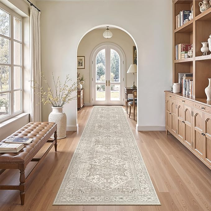 Madane Hallway Runner Rug 2x12, Long Washable Runner Rugs 12ft with Rubber Backing, Non Slip Carpet Runner, Vintage Rug Runners for Kitchen Laundry Room Entryway (Beige/Brown, 2'x12')
