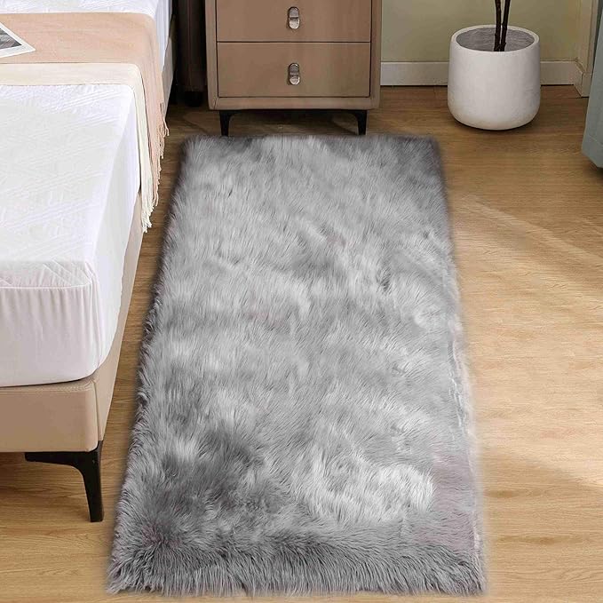 Goolela Grey Fluffy Fuzzy Furry Rug 2x6 for Bedroom Bedside Runner Faux Sheepskin Fur Shaggy Soft Plush Rectangle