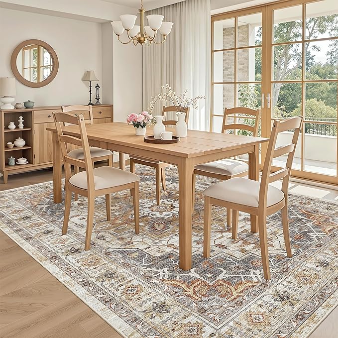 Madane 5x7 Area Rugs for Living Room, Stain Resistant Washable Rugs, Non-Slip Backing Area Rug, Vintage Home Decor Rug for Bedroom (Turmeric/Grey, 5'x7')