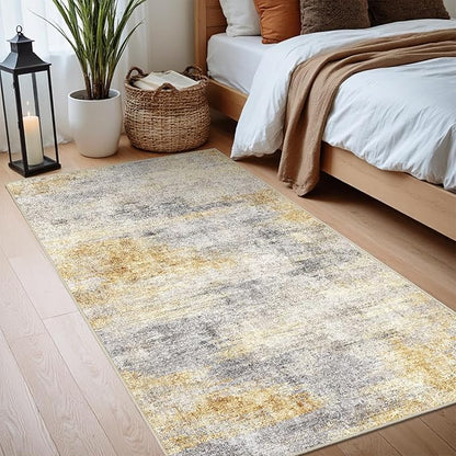 2x4 Washable Entryway Runner Rug: Abstract Small Area Rug Soft Non Slip Door Mat for Hallway Low Pile Thin Stain Resistant Floor Carpet for Kitchen Bedroom Bathroom Bedside Indoor(2x4,Grey/Yellow)