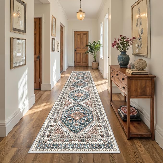 Hallway Runner Rug 2x12, Extra Long Washable Runner Rugs with Rubber Backing, Non Slip Runner, Vintage Rug Runners for Kitchen Laundry Room Entryway (Blue/Red,2'x12')