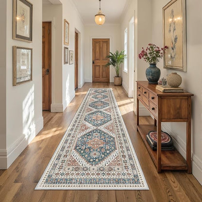 Hallway Runner Rug 2x12, Extra Long Washable Runner Rugs with Rubber Backing, Non Slip Runner, Vintage Rug Runners for Kitchen Laundry Room Entryway (Blue/Red,2'x12')