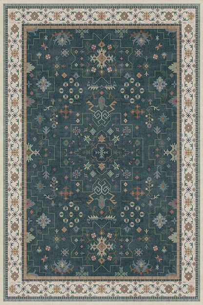 Hazo Haus Vintage Dark Green 6x9 Dining Room Rugs for Under Kitchen Table - Washable Livinig Room Rug - Unique Floral Pastel Low Pile Non-Slip Large Area Rugs for Bedroom