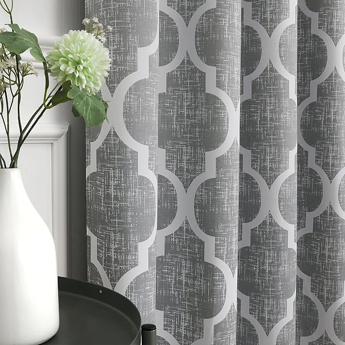 Beauoop 100% Blackout Curtains 72 Inches Long 2 Panels for Bedroom Living Room Grey Moroccan Geo Room Darkening Thermal Insulated Soundproof Grommet Top Window Treatments Drapes, 50x72 Set of 2