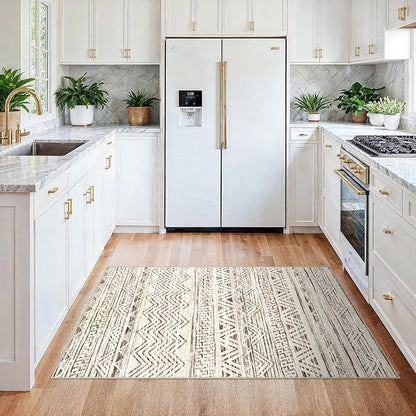 3x4 Washable Entryway Area Rug: Moroccan Small Runner Rug for Hallway Soft Modern Non Slip Door Mat with Rubber Backing Low Pile Thin Floor Carpet for Kitchen Bathroom Bedroom Indoor 3x4 Beige