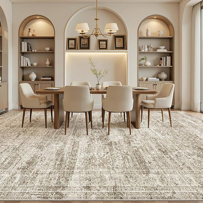 10x14 Area Rugs for Living Room, Non Slip Machine Washable Vintage Rugs, Low Pile Lightweight Large Rug for Bedroom, Dining Room, Home Office Brown