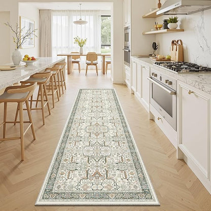 2x6 Hallway Washable Runner Rug - Soft Non Slip Vintage Rugs for Entryway Low-Pile Farmhouse Neutral Kitchen Runners Living Room Floor Mat Stain Resistant Distressed Carpet for Bedroom Bathroom Green